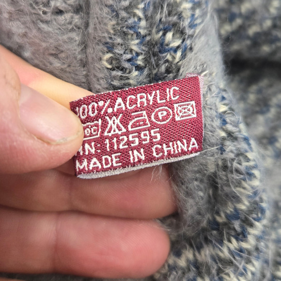 Y2K Gray Fuzzy Acrylic Poncho Cowl Neck 2000 Boho Abstract Dash Pattern One Size - Picture 6 of 8